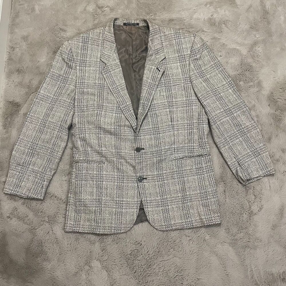Vtg Fabrizio Cellini Wool Silk Blazer‎ Plaid Check Jacket 42R Made Canada Career